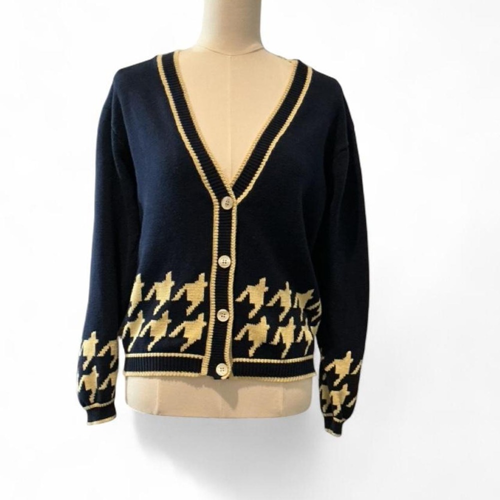 Vintage Charter Club Cardigan Womens S Navy Blue Houndstooth Cotton V-Neck